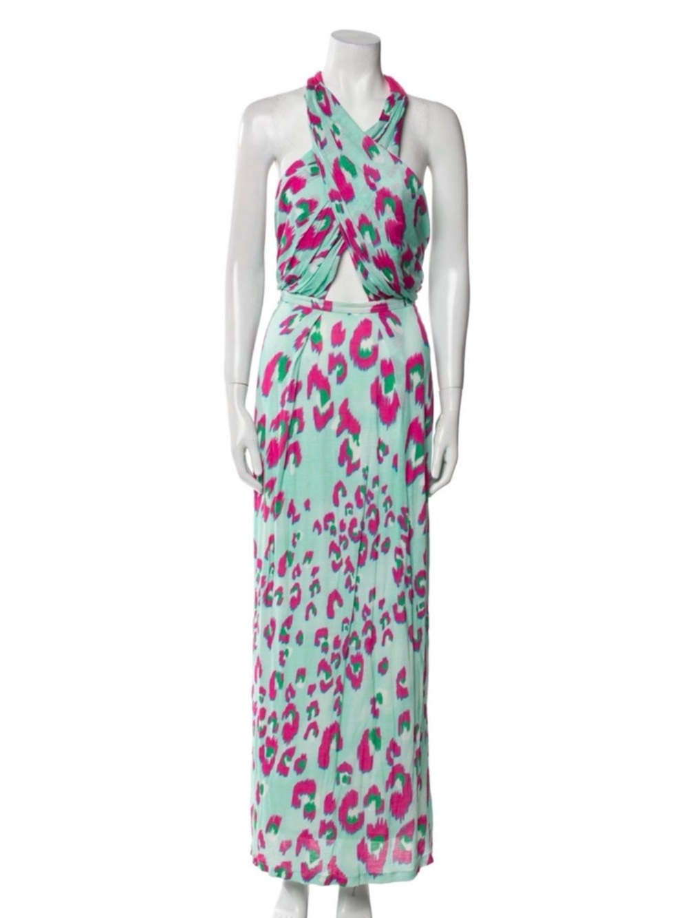 Matthew Williamson Aqua & Fuchsia Leopard-Print Halter Maxi Dress